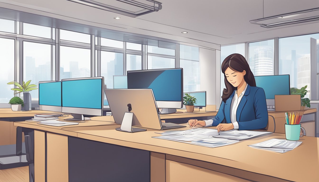 A cozy office with a licensed money lender sign near Beauty World, Singapore. A customer fills out paperwork while the lender reviews documents