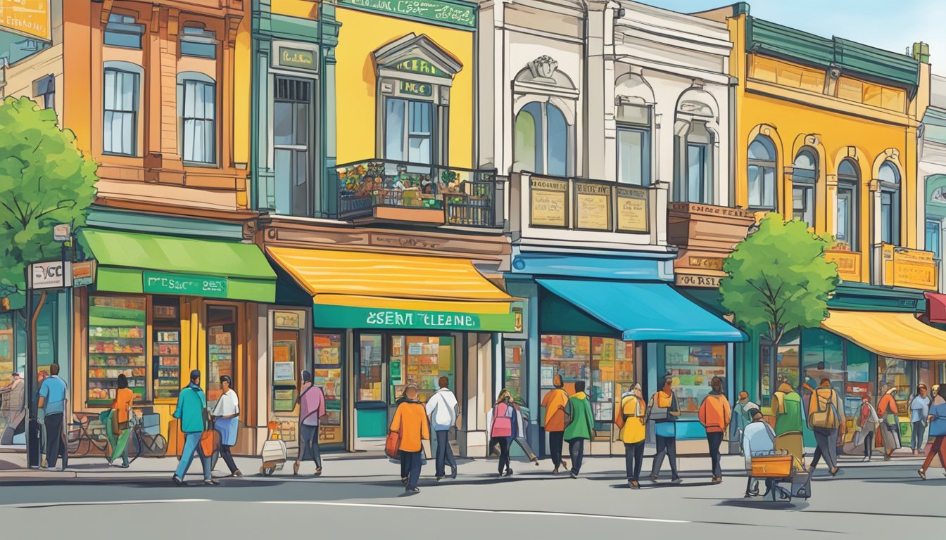 A bustling street in King Albert Park, with a prominent sign advertising the best licensed money lender. Bright and colorful storefronts line the busy thoroughfare, with people coming and going