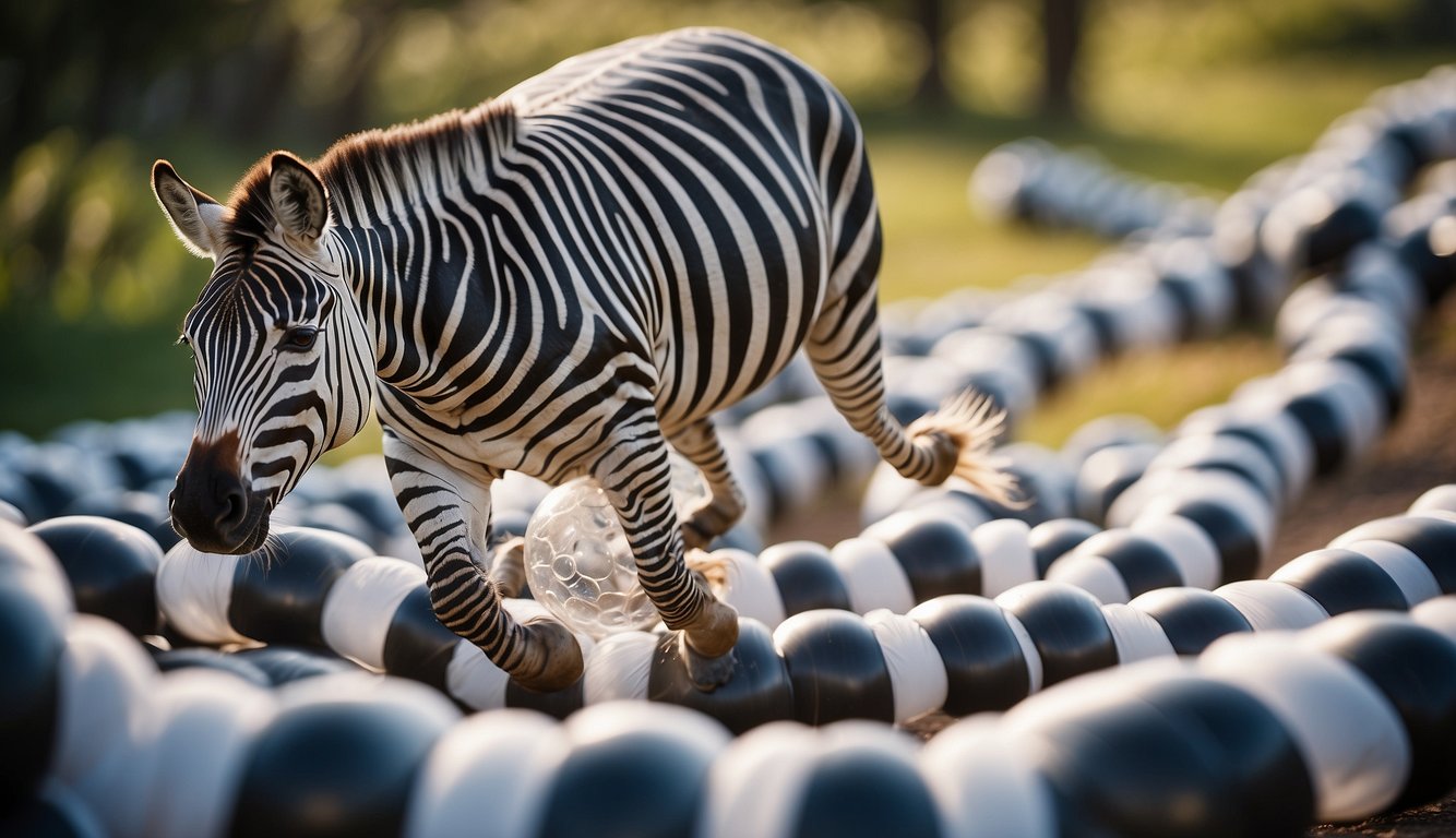 A zebra running on a zigzag track, kicking a zorb ball