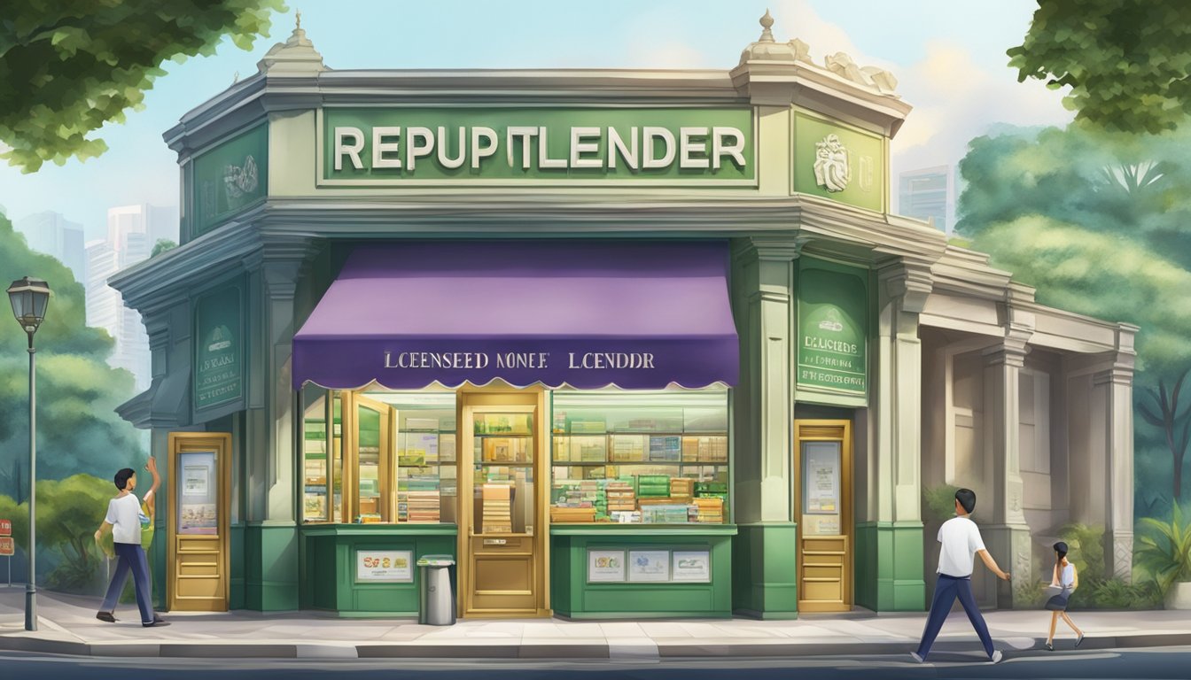 A storefront with a prominent sign displaying "Reputable Licensed Money Lender" in King Albert Park, Singapore. The building exudes professionalism and trustworthiness