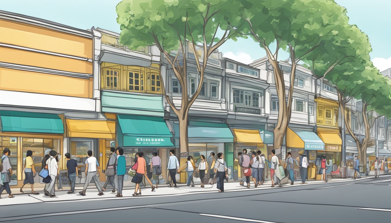 A bustling street in King Albert Park, Singapore, with a prominent licensed money lender storefront and people entering and exiting