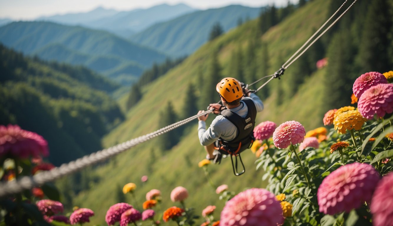 A zooming zipline zips through zigzagging zinnias