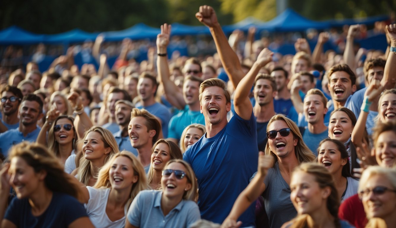 An energetic crowd cheers as athletes compete in zany sports like zip-lining and zorbing at the Z Sports event