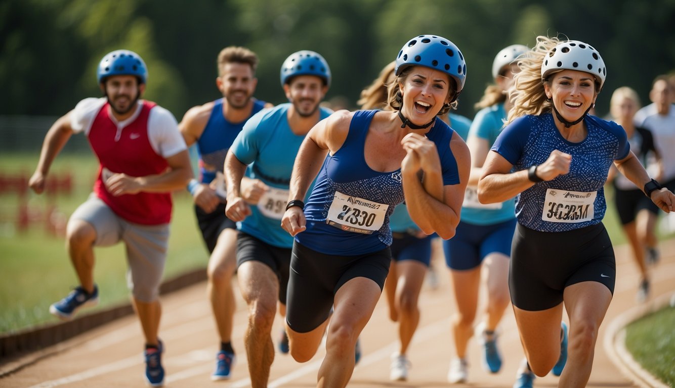 A group of zealous athletes zipping across a zigzagging track, zealously competing in zany sports like zorbing and zumba