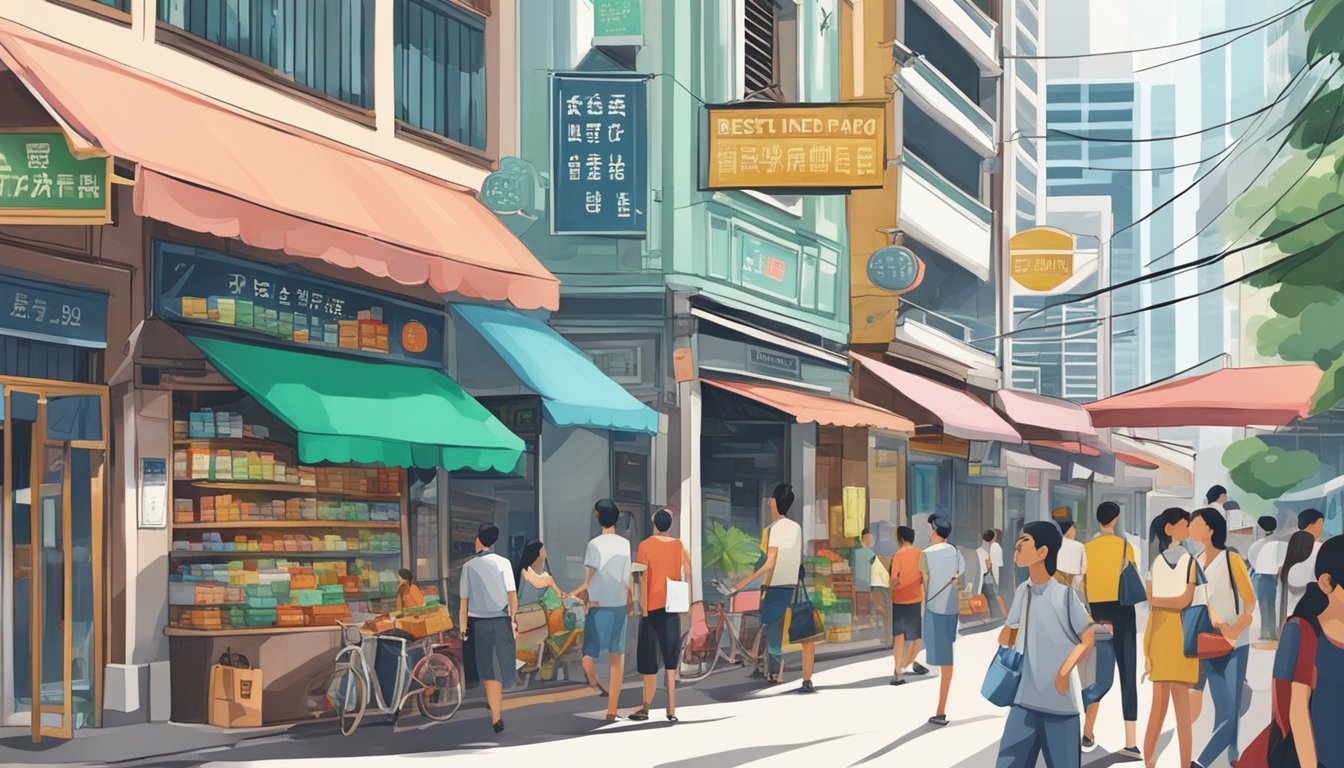 A bustling street in Tanjong Pagar, with colorful shopfronts and a prominent sign reading "Best Licensed Money Lender in Tanjong Pagar Singapore."
