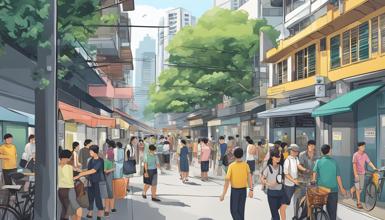 A bustling street in Tanjong Pagar, with a prominent sign for a licensed money lender and people entering and exiting the establishment