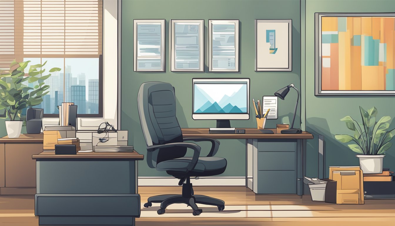 An office setting with a desk, computer, and paperwork. A sign on the wall reads "Licensed Money Lender." The room is neat and professional, with a sense of trust and reliability