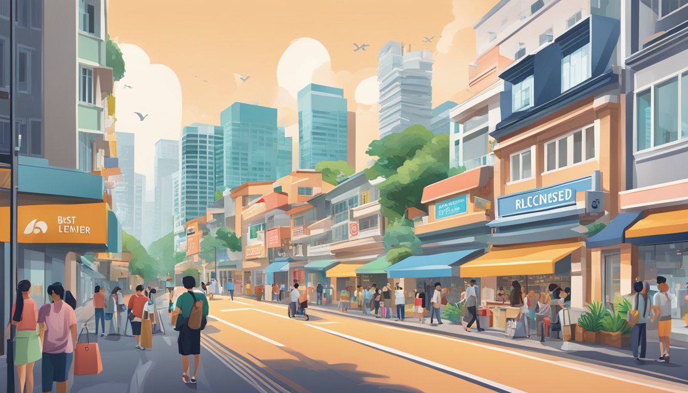A bustling street in Redhill, Singapore with a prominent sign for the "Best Licensed Money Lender" surrounded by diverse shops and people