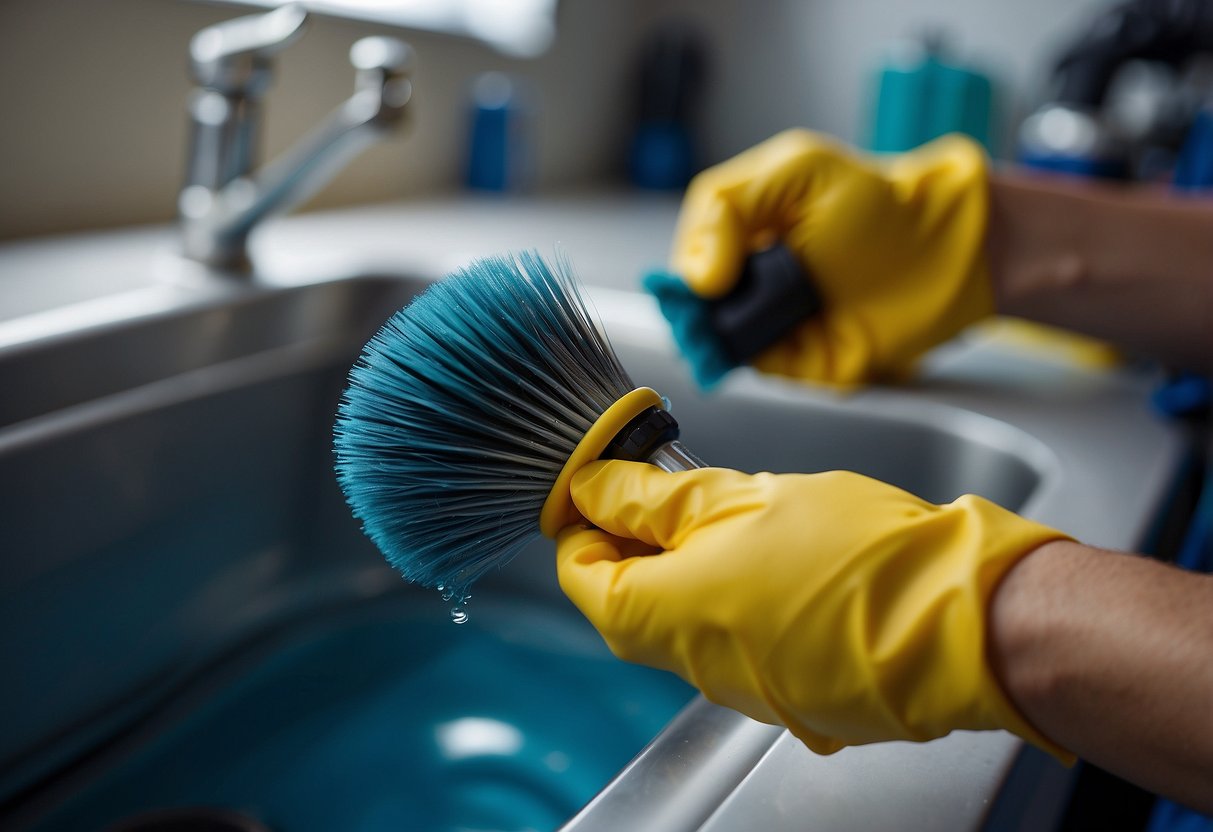 A pipe brush scrubs threads, removing debris. Water rinses and a cloth dries