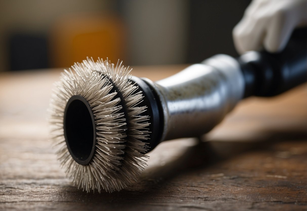 A pipe brush scrubbing pipe threads with soapy water and a wire brush removing debris