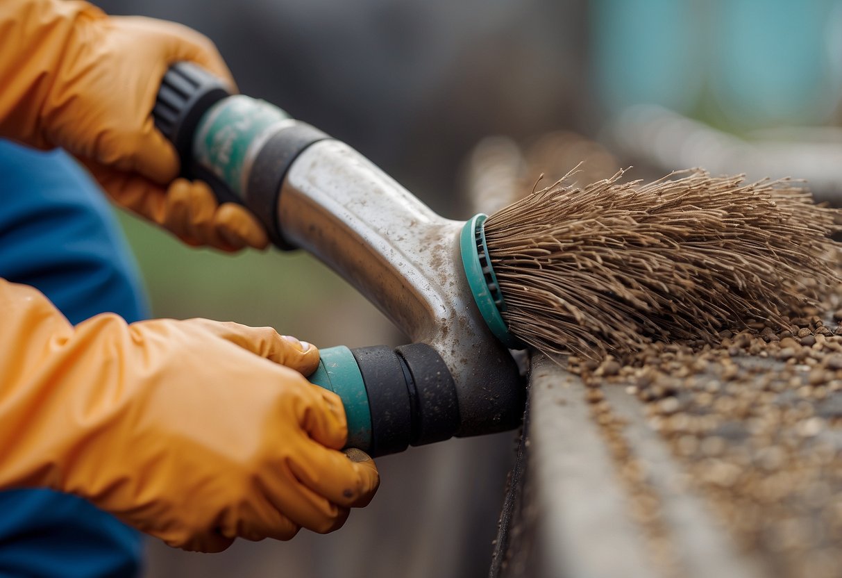 A wire brush scrubs gas pipe threads, removing debris and rust