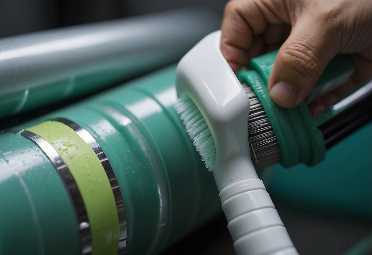 A PVC pipe with threaded ends being scrubbed with a wire brush and soaked in a cleaning solution