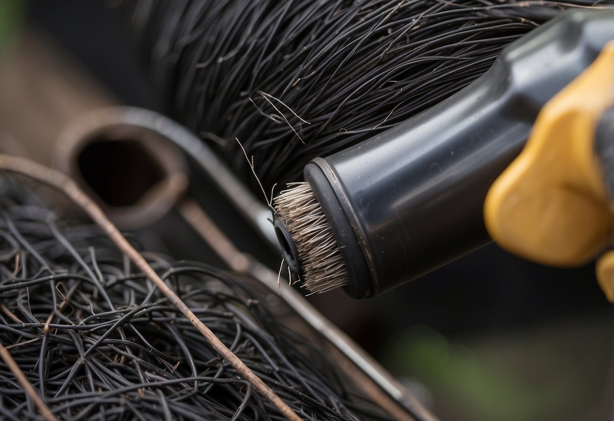 A wire brush scrubs black pipe threads, removing debris and rust