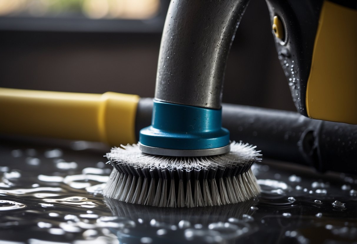 A pipe brush scrubbing pipe threads clean with soapy water and a wrench nearby