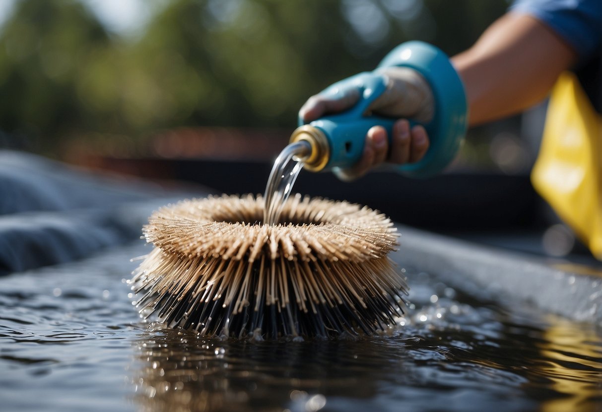 A pipe brush scrubbing threaded pipe ends under running water