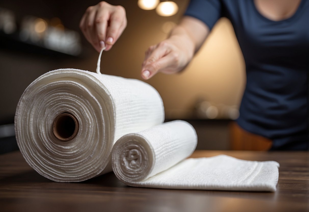 A hand reaches for a roll of Reusable Bamboora Paper Cloth Towels next to a pipe with threads, ready to clean