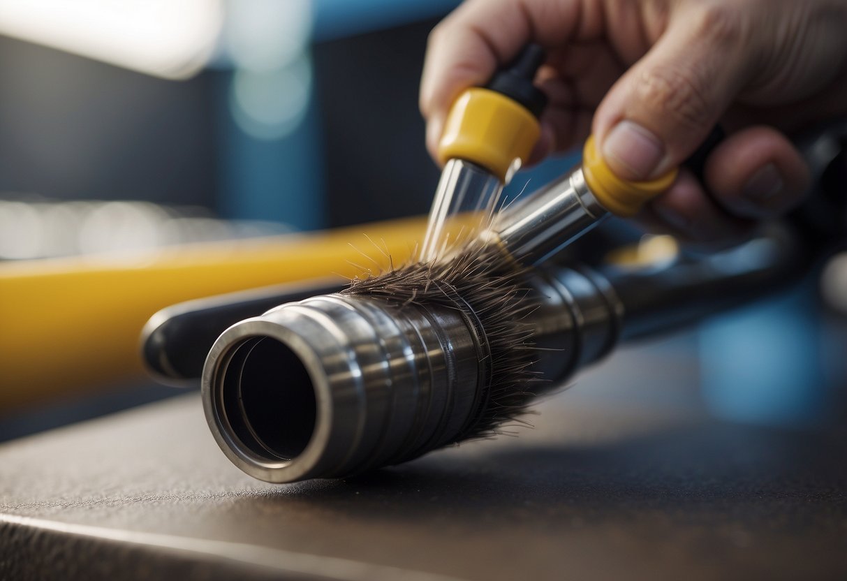 A pipe with threaded ends being cleaned with a brush and solvent