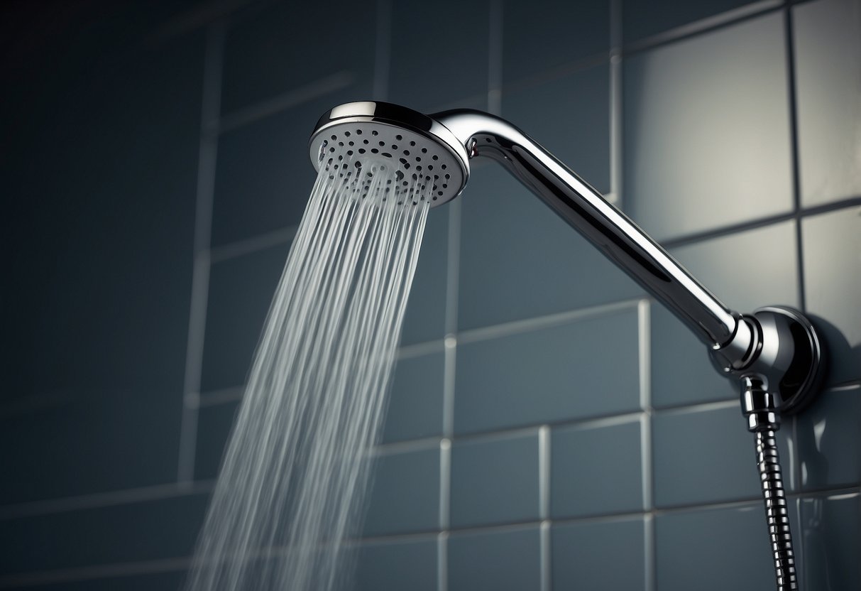 A Delta shower head without a working pause button, water flowing without interruption