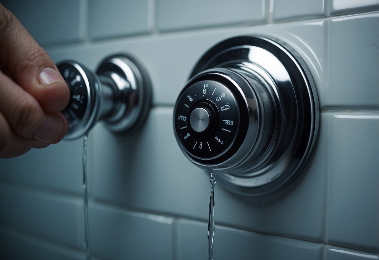 A hand pressing the pause button on a Delta shower head, but the button is not responding. Water continues to flow from the shower head despite the attempt to pause it