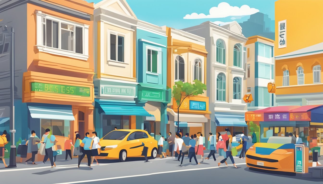 A bustling street in Redhill, Singapore, with a prominent sign for the best licensed money lender. Bright colors and a sense of professionalism