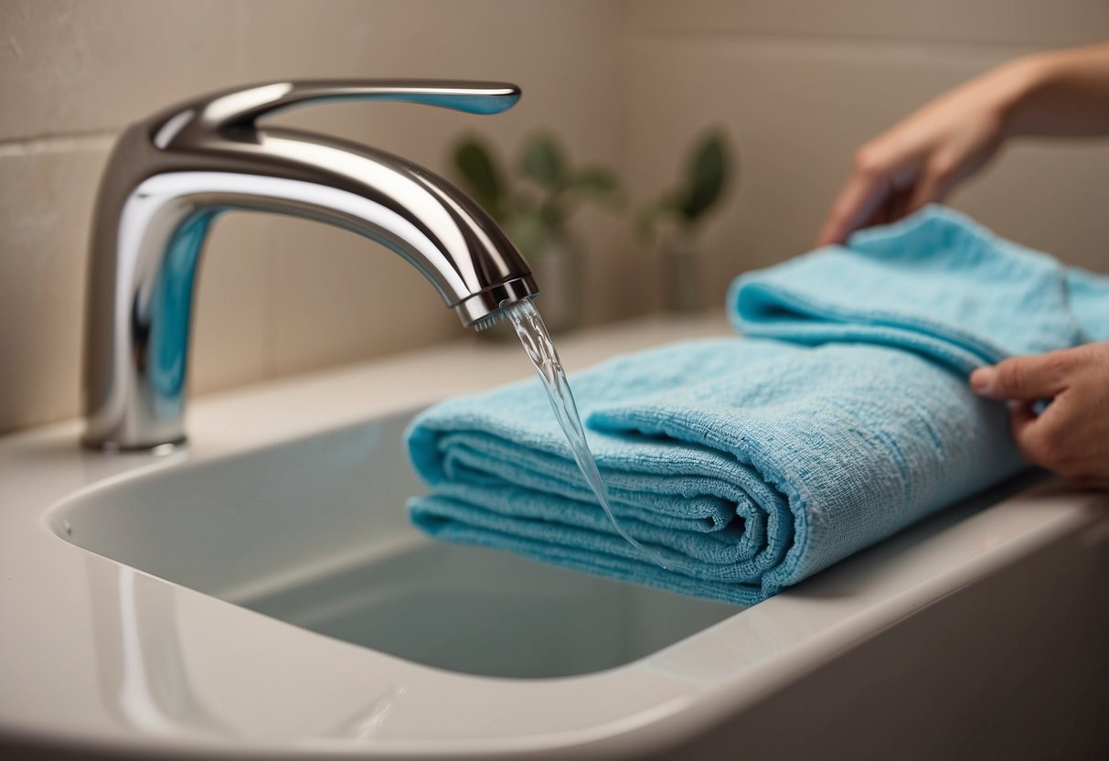 A hand reaches for the shower head, pressing the pause button, but nothing happens. A pile of reusable Bamboora paper cloth towels sits nearby, ready for use