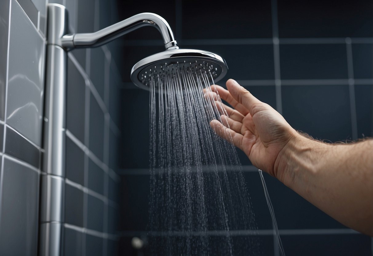 A hand reaches for the delta shower head, pressing the pause button, but nothing happens. Frustration is evident on the person's face