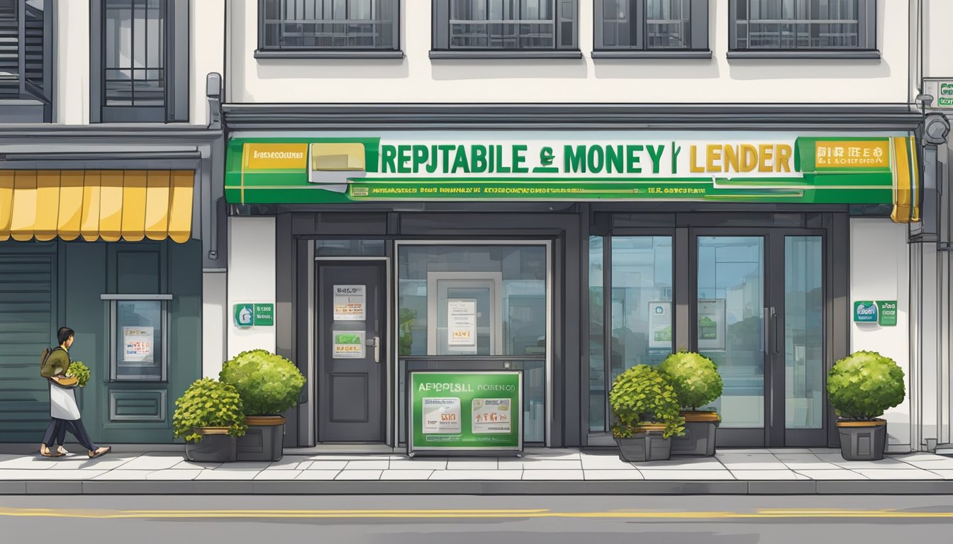 A storefront sign in Redhill, Singapore reads "Reputable Licensed Money Lender." The building exterior is clean and professional, with a prominent logo and contact information
