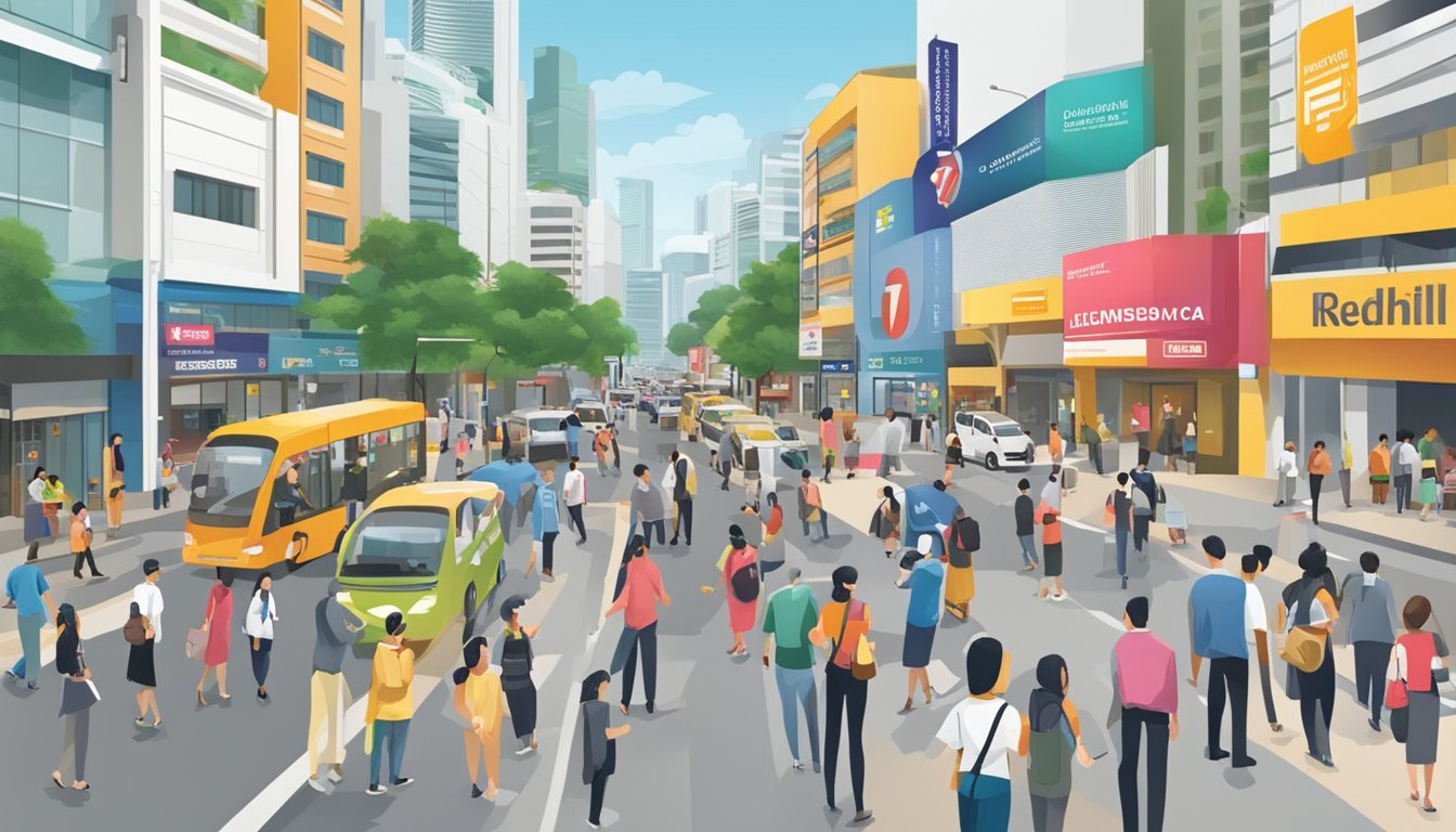 A bustling street in Redhill, Singapore, with prominent signage for licensed money lenders. A diverse array of businesses and people, with a focus on financial services