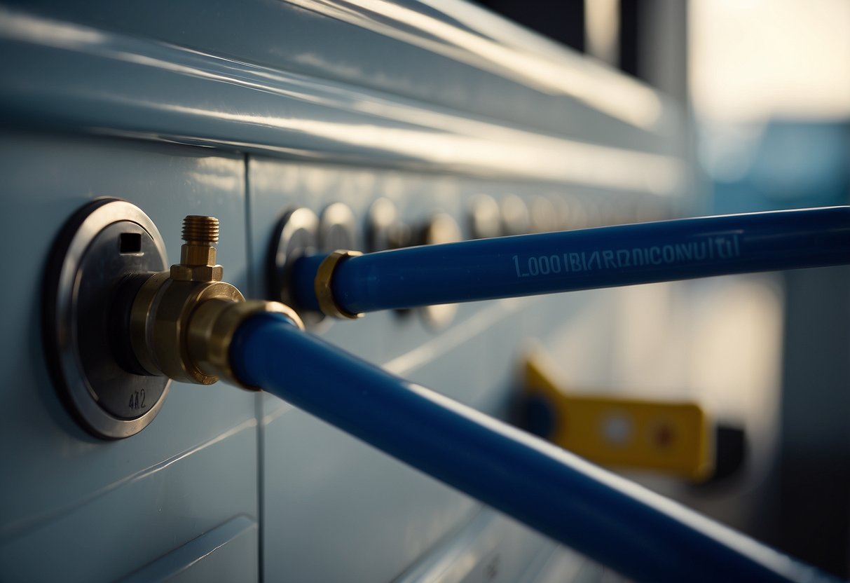 A gas line, 1/2 inch in diameter, runs from the wall to the back of the dryer. The line is connected to the dryer with a shutoff valve