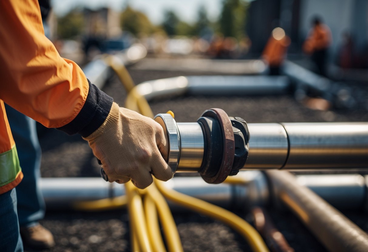 A gas line is being installed, sized perfectly for a gas dryer. Tools and materials are laid out, and the line is being connected to the dryer