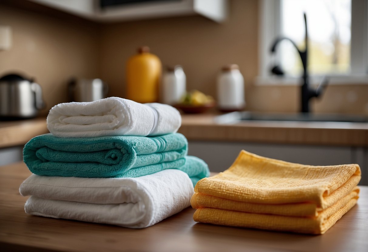 A stack of Bamboora Paper Cloth Towels on a kitchen counter, with a colorful gas line for a dryer in the background