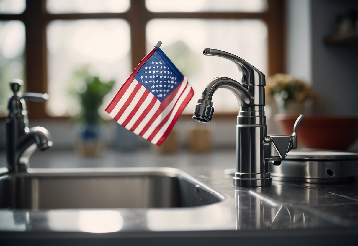 A kitchen sink with an air admittance valve installed, surrounded by various state flags representing states where it is allowed