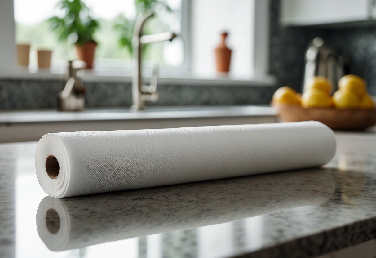 A kitchen counter with a roll of Reusable Bamboora Paper Cloth Towels and a list of states allowing air admittance valves