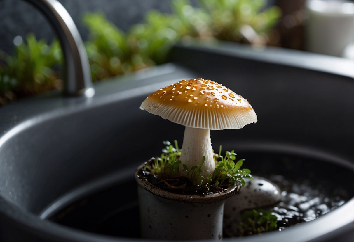 Mushroom sprouting from wet sink drain