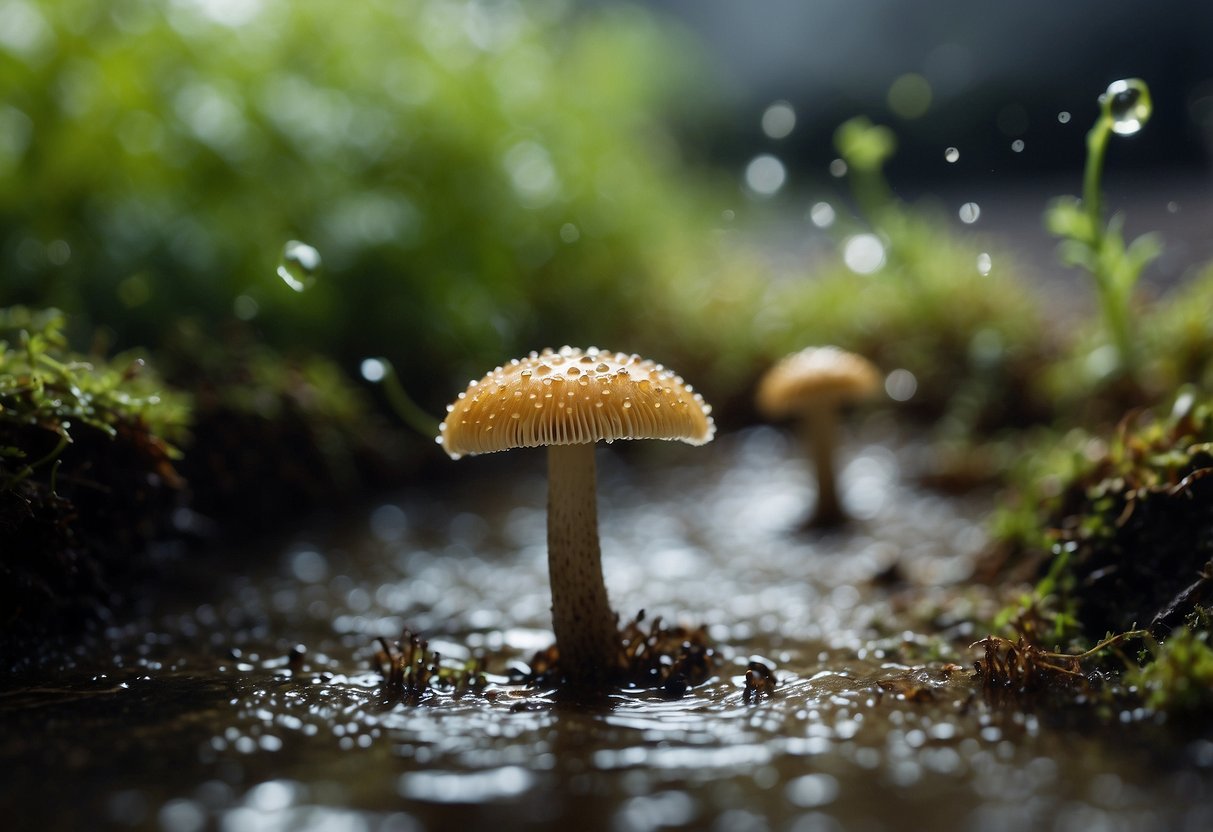 A mushroom sprouts from a wet sink drain, surrounded by slimy residue