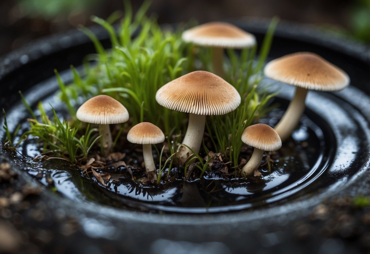 Mushrooms sprout from a clogged sink drain, surrounded by murky water and bits of debris