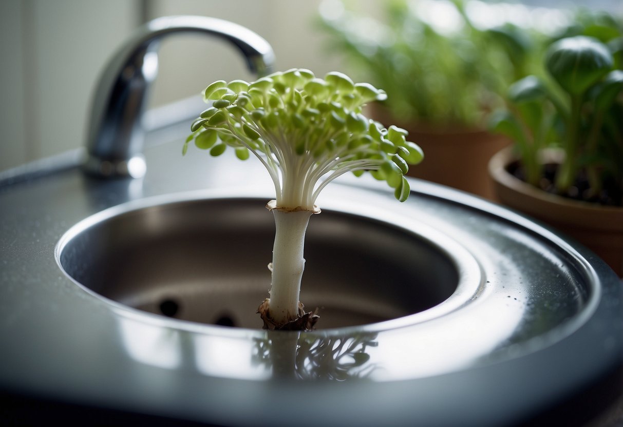 A mushroom sprouts from a clogged sink drain