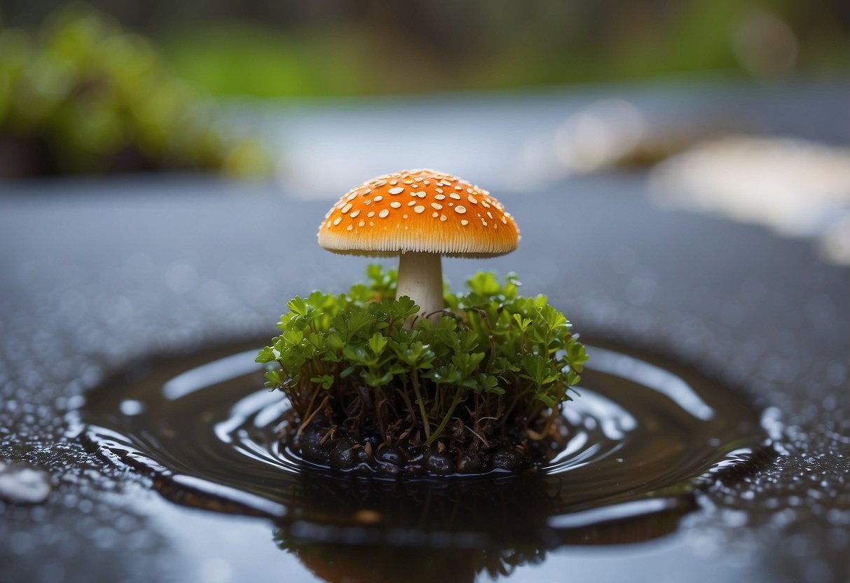 A mushroom sprouts from a clogged sink drain, surrounded by water and debris