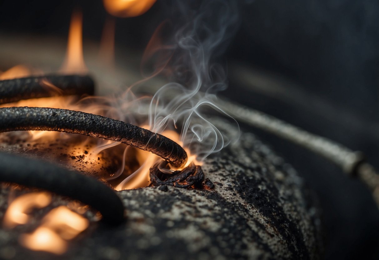 The electric water heater wire is visibly burned, with charred marks and smoke emanating from the damaged section