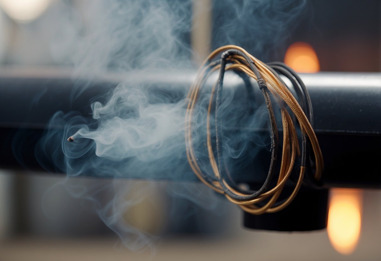 A frayed wire from an electric water heater smolders and emits smoke, with a burnt odor filling the air