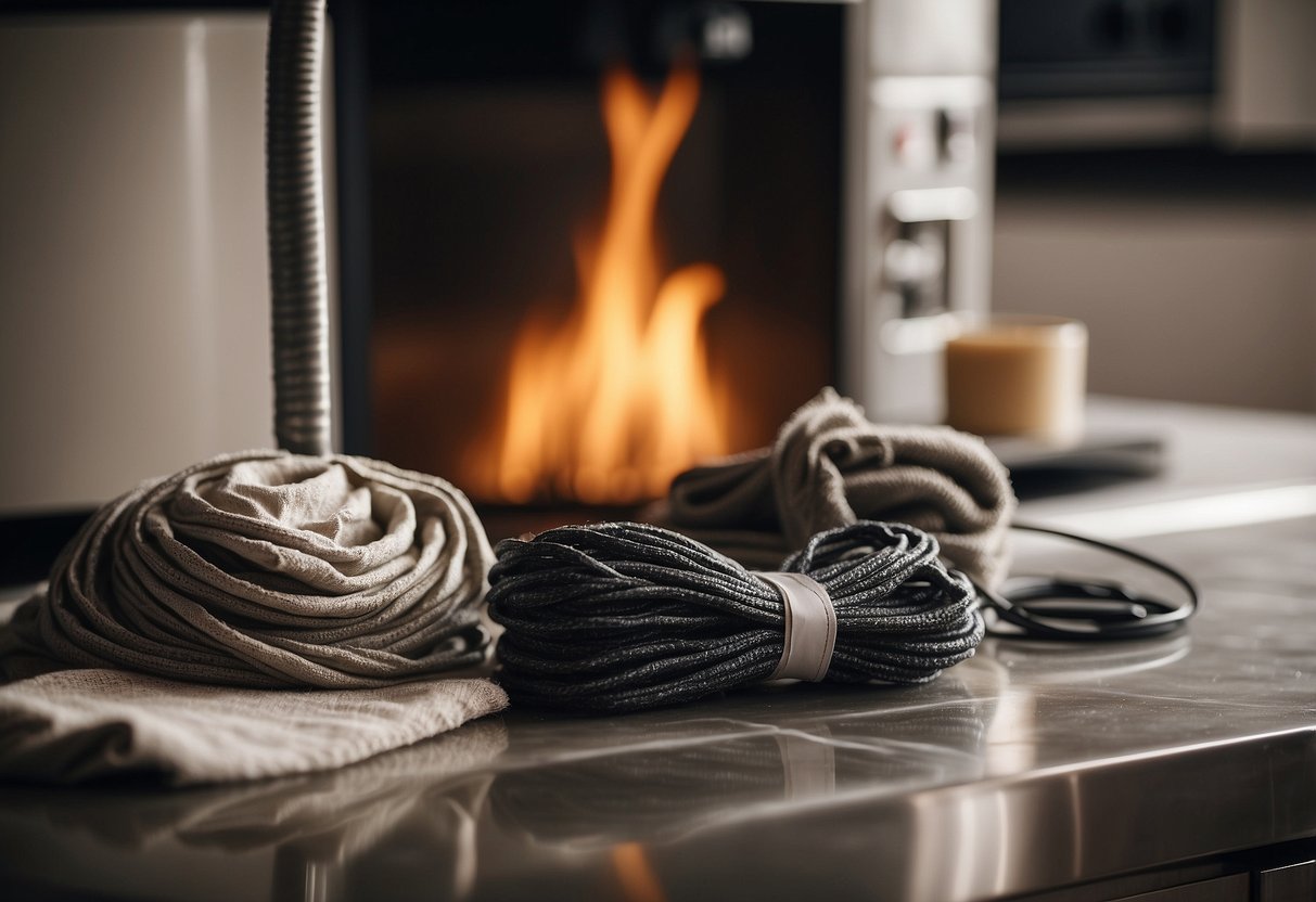 A charred wire hangs from an electric water heater, surrounded by reusable Bamboora paper cloth towels