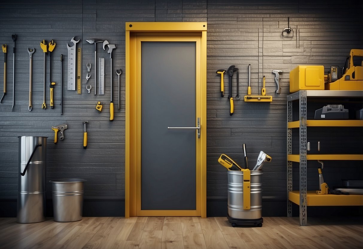 A sliding door rough opening chart is displayed on a wall, surrounded by measuring tools and construction materials