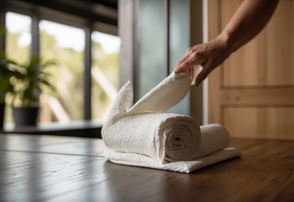 A hand reaches for a roll of Reusable Bamboora Paper Cloth Towels next to a sliding door with a rough opening chart