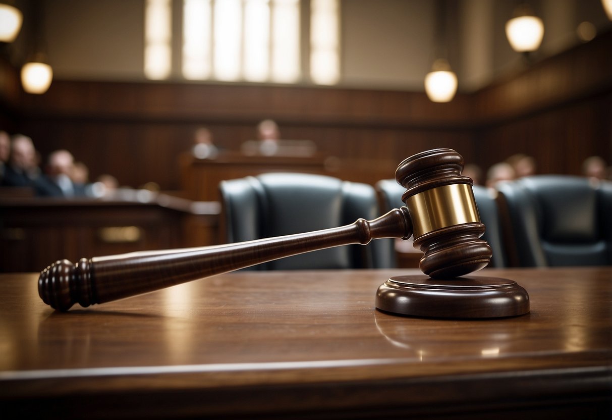 A courtroom with a judge's gavel striking down, contrasting long and short lines on opposing sides