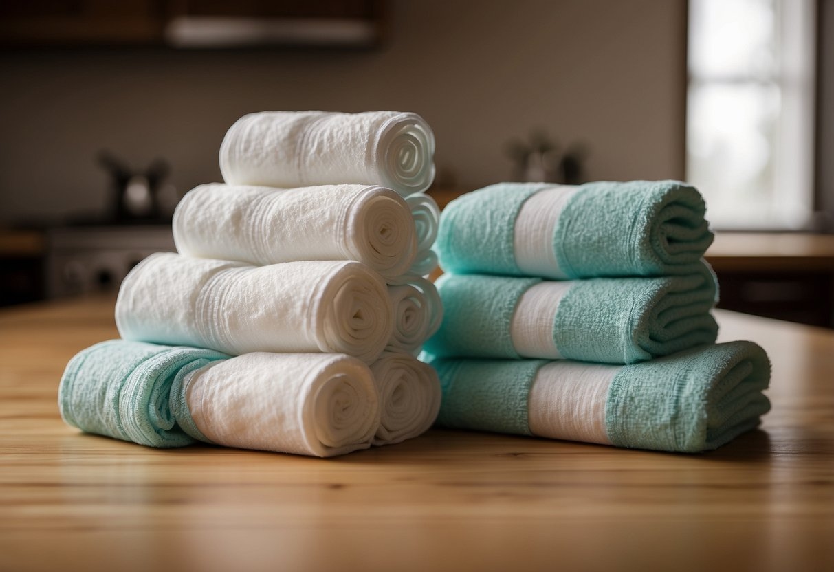 A stack of Reusable Bamboora Paper Cloth Towels, with long and short lengths, arranged for comparison