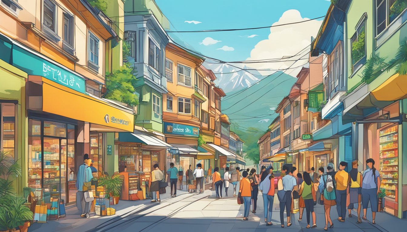 A bustling street in Queenstown, Singapore, with a prominent sign reading "Best Licensed Money Lender." Bright colors and diverse storefronts add to the lively atmosphere