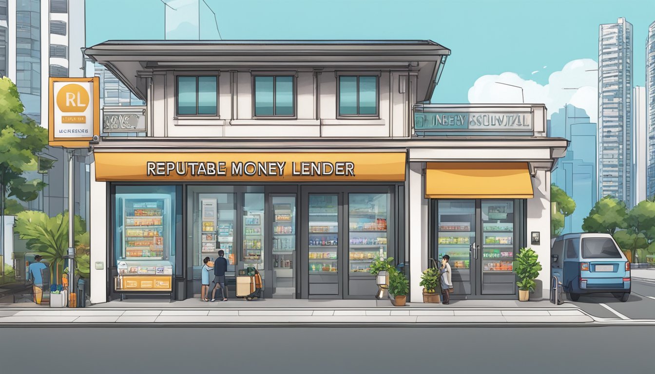 A well-lit storefront with a prominent sign reading "Reputable Licensed Money Lender" in Queenstown, Singapore. The exterior is clean and professional, with a line of customers inside
