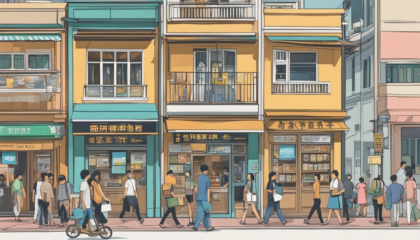 A bustling street in Queenstown, Singapore, with prominent signage for licensed money lenders. People are seen entering and exiting the establishments, while others scrutinize the various loan options displayed in the windows