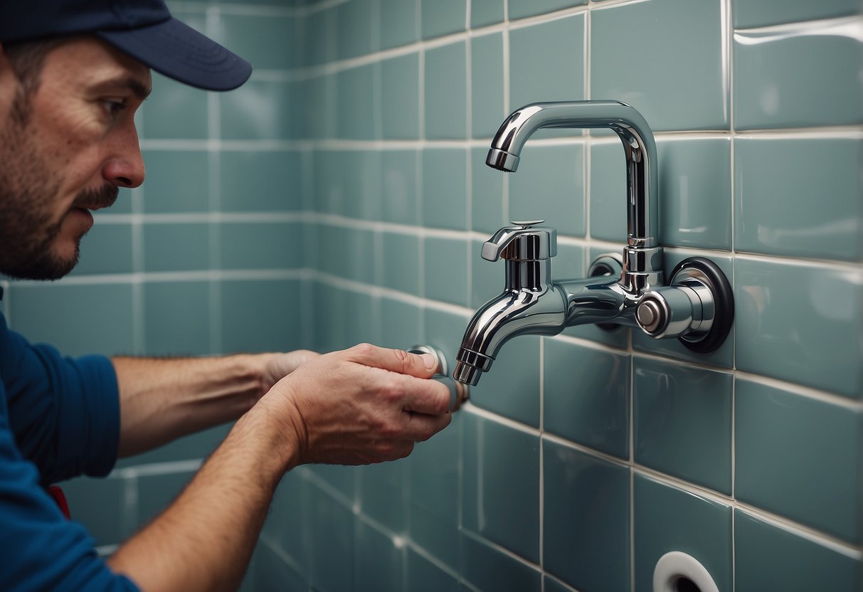 A plumber installs an UPC shower faucet onto a tiled wall