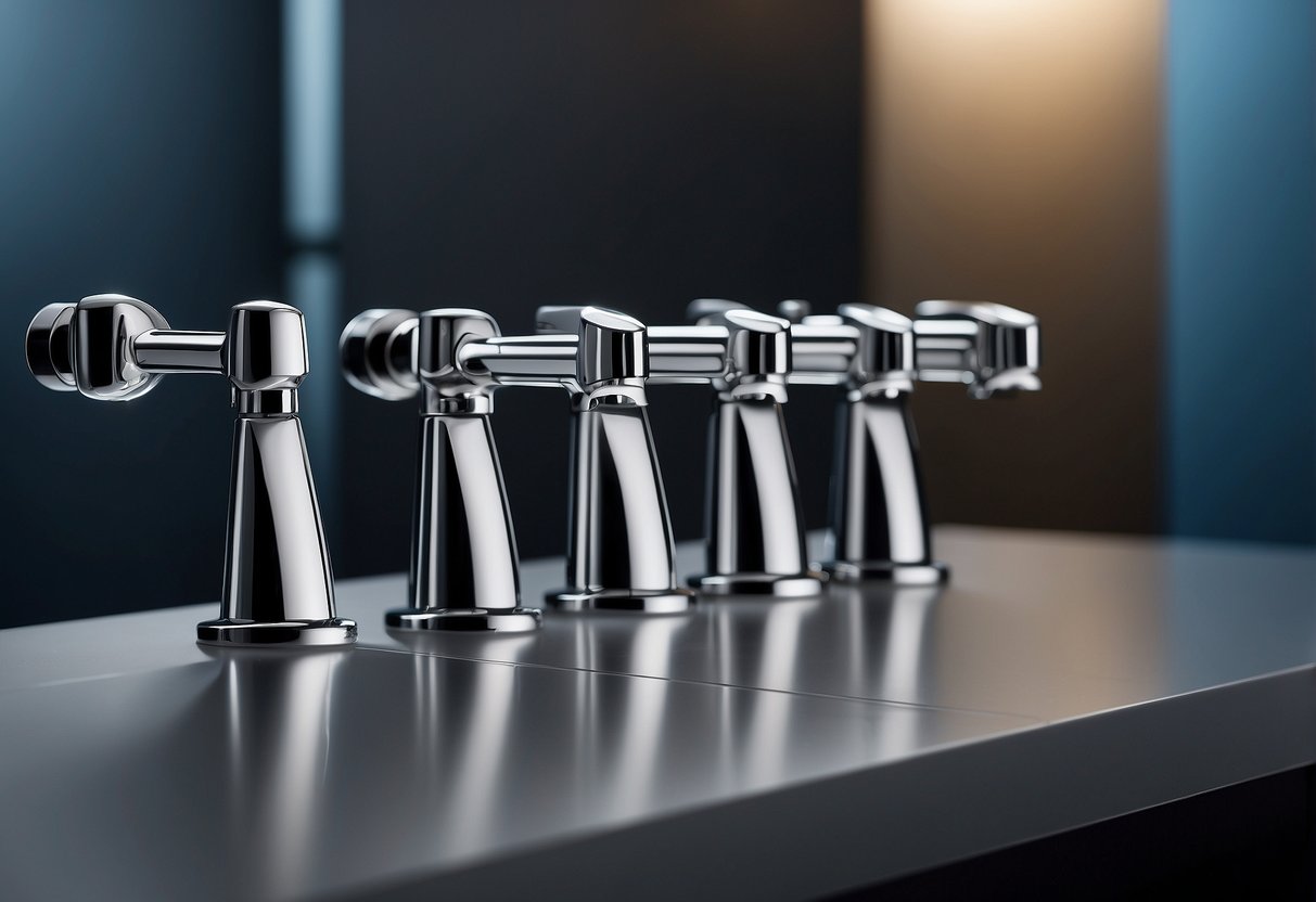 A row of 7 top-ranked UPC shower faucets, each with their brand name prominently displayed, lined up on a sleek, modern display stand